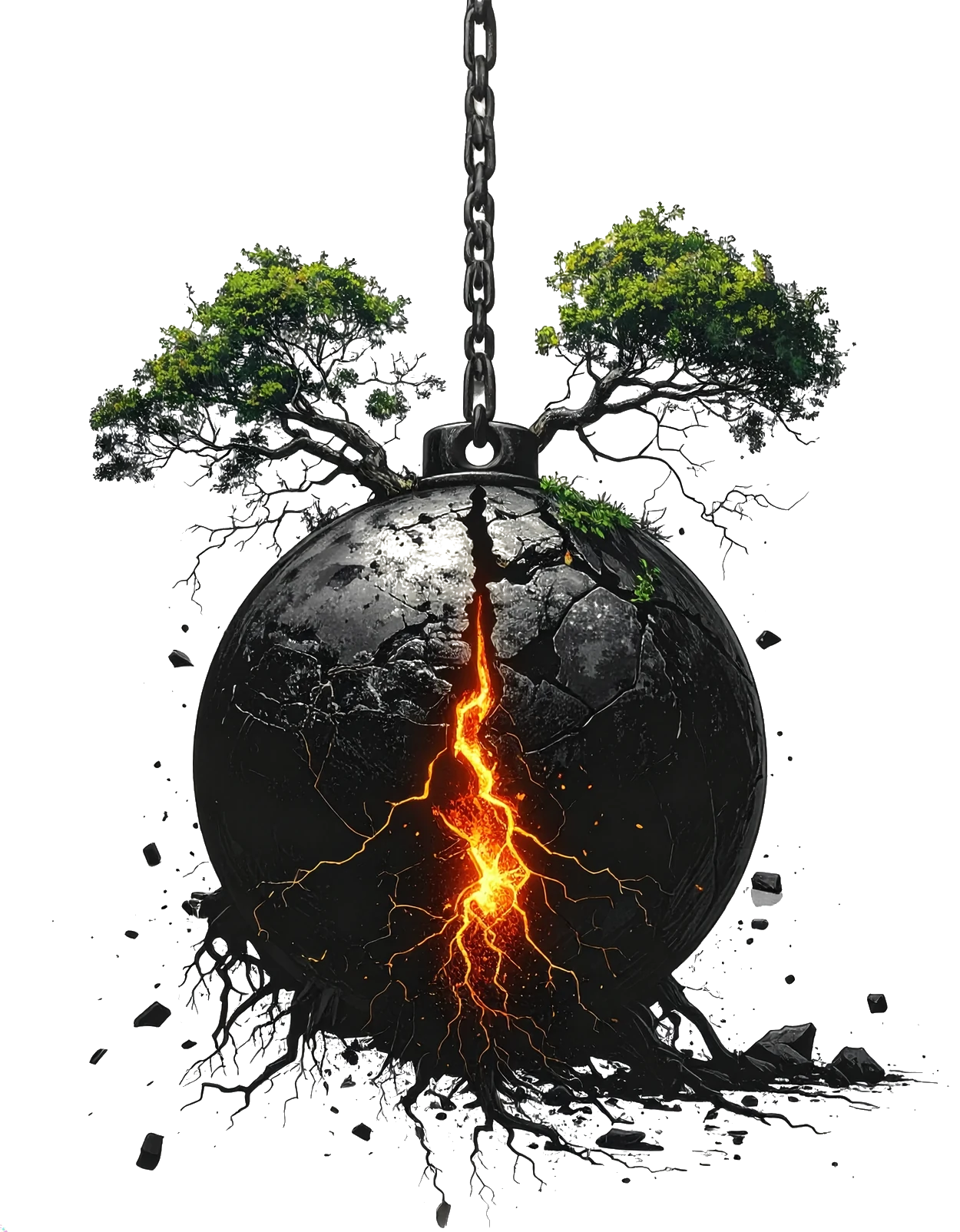 A wrecking ball cracked open with magma, trees growing from it